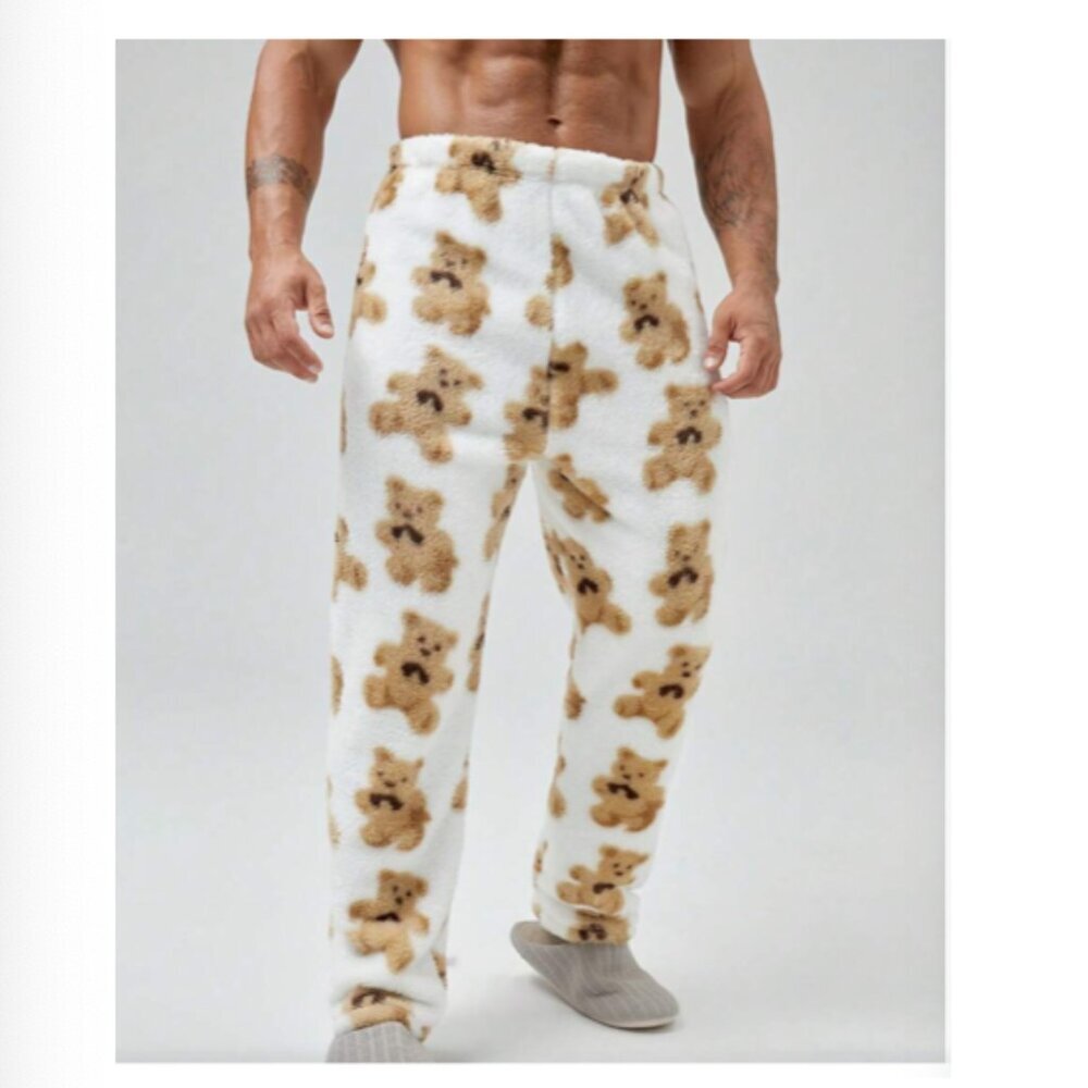 SHEIN Men Bear Pattern Flannelette Sleep Pants Size L